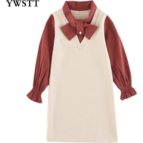 Girls Dress Spring Clothing Skirt 2020 New Style Spring Childrenswear Big Girls Sweet Mock Two-Piece Bowtie Shirt Dress