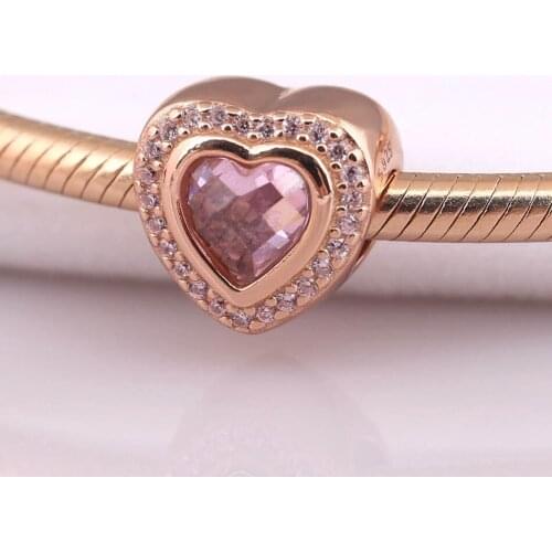 Authentic S925 Silver Bead Rose Sparkling Love Heart With Crystal Charm fit Lady Bracelet Bangle DIY Jewelry