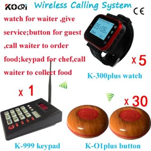 Restaurant Wireless Table Calling System 1 Kitchen Equipment 5 Wrist Watches 30 Guest Buzzer in 433.92mhz