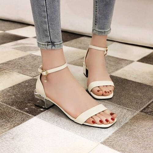 Casual street style summer cool sandals fashion paint rhinestone buckle black white apricot square heel womens shoes big size