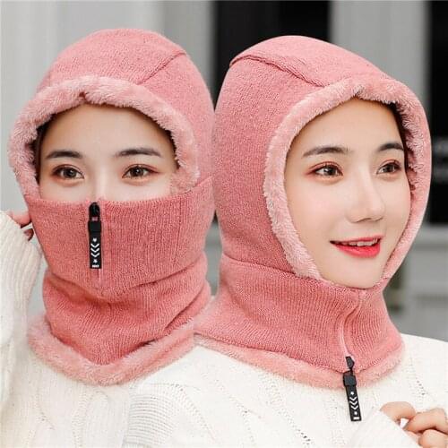 Fashion Zipper Women Winter Hats Plush Warm Balaclava Ladies Ring Hat With Full Face Mask Creative Breathable Facemask