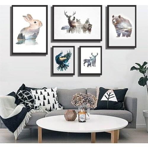 Nordic Poster Deer Rabbit Landscape Wolf Canvas painting Eagle Forest Aniamls Nature silhouette Wall Art Print Home Decoration