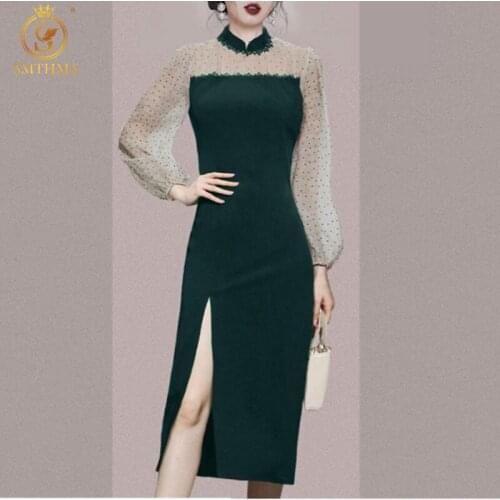 SMTHMA 2021 Korean Temperament Lantern Sleeve Cheongsam Dress Ladies Vintage Sexy Split Dark Green Dresses Vestidos