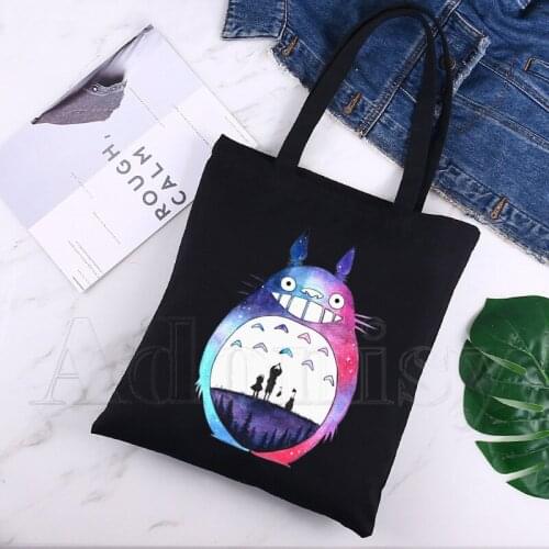 Totoro Unisex Handbags Custom Canvas Tote Bag Print Daily Use Reusable Travel Casual Shopping Bag Black