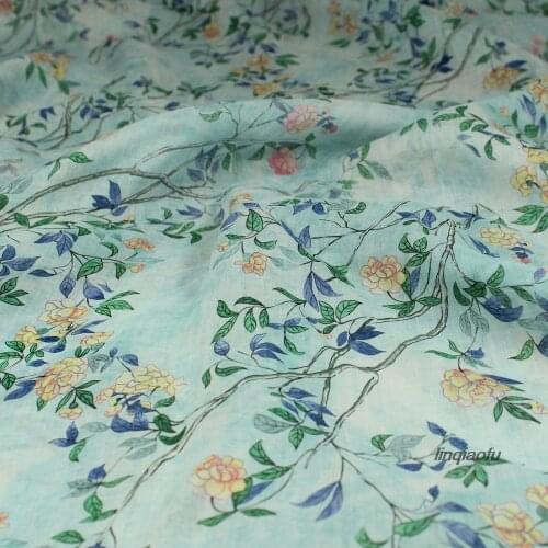 Original design blue background flowers and plants series printed pure ramie fabric