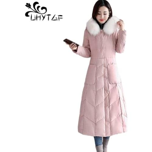 UHYTGF Down Jacket Women Warm Winter Cotton Coat Fashion Fur Collar Slim Long Parka Female Korean Loose Plus Size Outerwear 1430