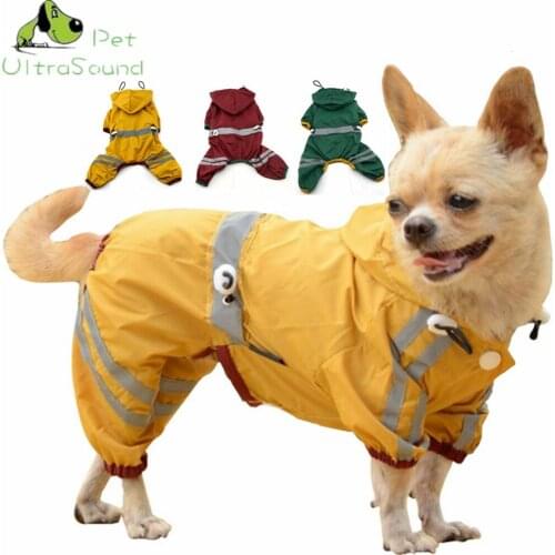 Dog Waterproof Polyester Raincoat Adjustable Elastic With Reflective Tape Four Leg Green Red Yellow Size XS-XXL Pet Dog RainCoat