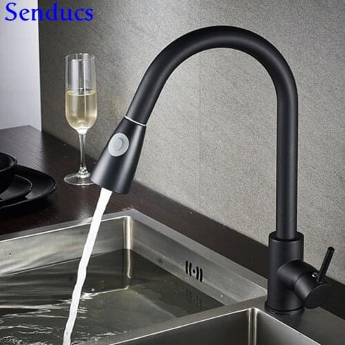 Pull Out Kitchen Mixer Tap Senducs Black Bronze Pull Down Brass Kitchen Faucet SUS304 Stainless Steel Gold Kitchen Sink Faucets