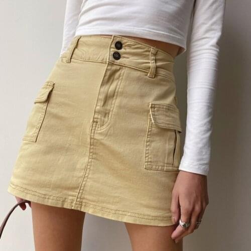 WOMENGAGA Women High Waist Denim Mini Skirt With Side Pockets Korean Girl Female Hot Sexy Skirts B8CG