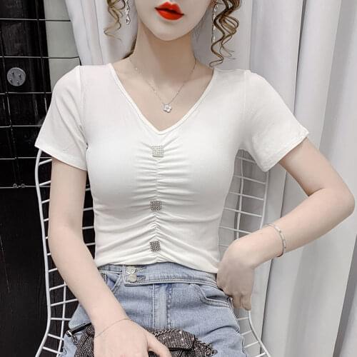 T-shirt women 2021 summer new Korean version of the V-neck folds Slim design niche sexy short top women