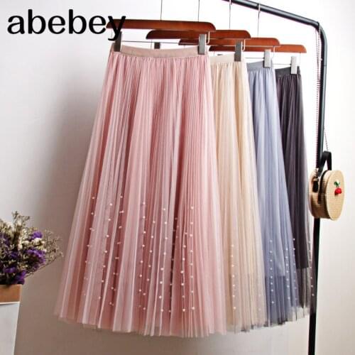 New 2021 Spring Summer Skirts Womens Beading Mesh Tulle Skirt Women Elastic High Waist A Line Mid Calf Midi Long Pleated Skirt