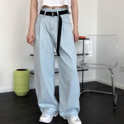 Summer Women Jean Pants Leisure Loose High Waist Vintage Light Blue wide leg jeans Woman Korean Style Simple Full-length Bottoms