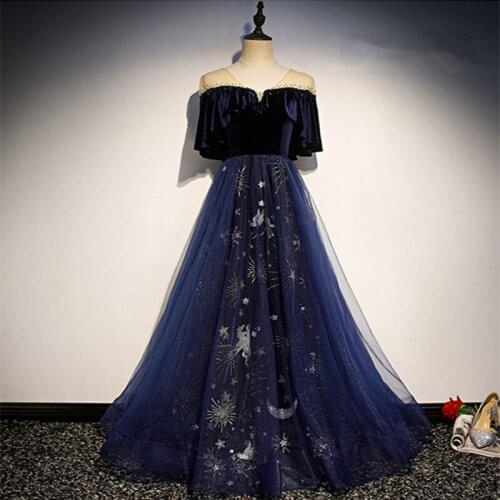 V-neck A-line Evening Dress Short Sleeve Bling BLing Long Prom Dress Navy Blue Evening Dresses Long Dress 2020 Robe De Soiree