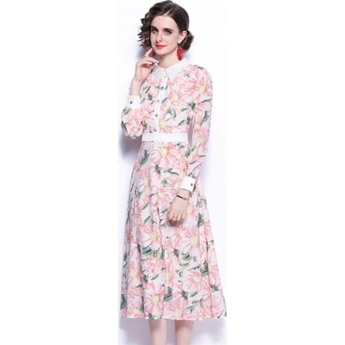 2021 summer Vintage Floral Print Midi Dress Boho long Sleeve turn down collar Flower print Dress Female Casual Dresses