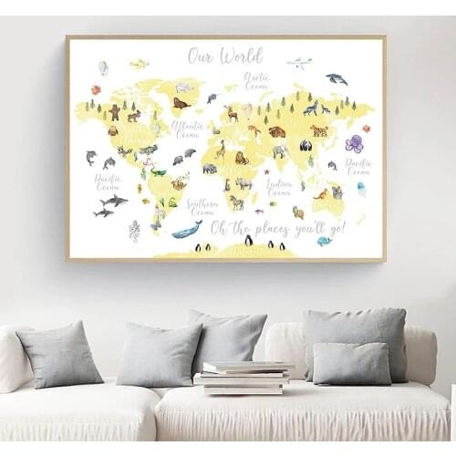 Animal World Map Canvas Paintings Children Posters Prints Nursery Wall Art Pictures Baby Kid Bedroom Playroom Home Decor cuadros