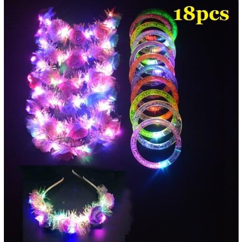 18pcs LED Light Up Women Girls Flower Hair Wreath Bracelet Bangle Wedding Birthday Party Favors Glow in Dark Prizes Christmas