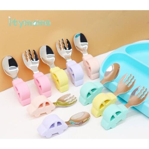 Baby Tableware Spoon Fork For Children Feeding 2pc/set Stainless Steel Dinnerware Cartoon Infant Food Baby Training Spoon Set