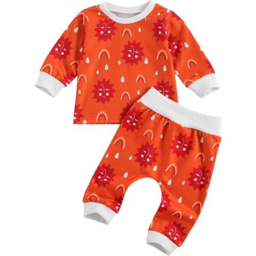 2020 New Fall Autumn 3-24M Todder Baby Girl Boy 2Pcs Set Cartoon Sun Smile Rainbow Print Long Sleeve Top+Pants Infant Clothes