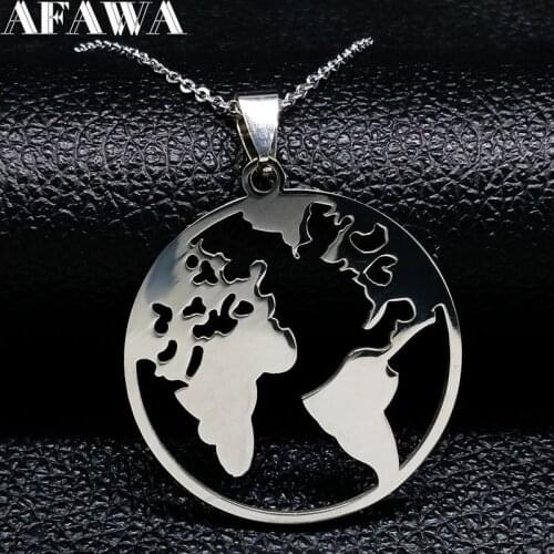 2021 Fashion World Map Stainless Steel Necklaces for Women Silver Color Chain Necklace Jewellery colgante mundo N18167