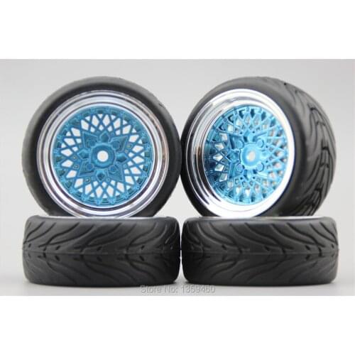 4pcs RC 1/10 Soft Rubber On Road Car Tire Tyre Wheel Rim Classic1CB 6mm Offset(Chrome+Painting Blue) 10365+Rubber Tire