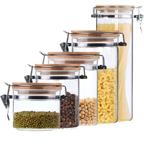 500ML/850ML/1200ML/1600 ML/2000 ML Kitchen Food Storage Bottle Heat-resistant Bamboo Cover Glass Sealed Glass Clasp Sealing Tank