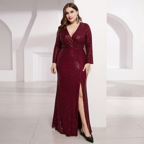 Sequins Simple Sexy Evening Dress Empire Full Sleeves Zipper Back Mermaid V-Neck Floor-Length Plus Size Women Formal Gowns D1018