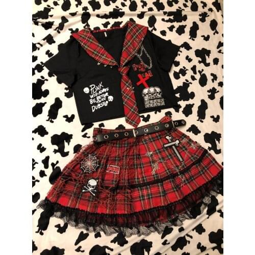 Sick JK Uniform Summer Sailor Suit Short Sleeve Top + Mini Pleated Skirt 2pcs Suit Red plaid appliques Punk Grunge Girls Set Max