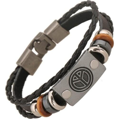 Peace Charm Zinc Alloy Beaded Bracelet Braided Woven Hook Strand Bangles Jewelry Unisex Casual Genuine Leather Wristband Women