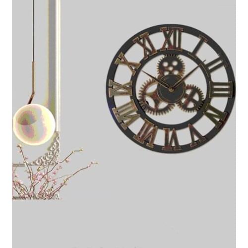 Vintage Industrial Gear Wall Clock Round 3D Roman Numerals Retro Rustic Battery Operated Non-Ticking Large Art Home Decoration
