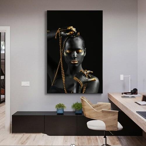 Black Woman Holding Golden Jewelry Canvas Paintings On The Wall Art Posters And Prints African Girl Body Art Pictures Wall Decor