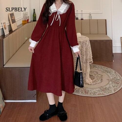 SLPBELY Vintage Elegant Dress Women Sweet Lace Peter Pan Collar Midi Dress Long Sleeve Lace-Up Fairy One Piece Korean Dress New