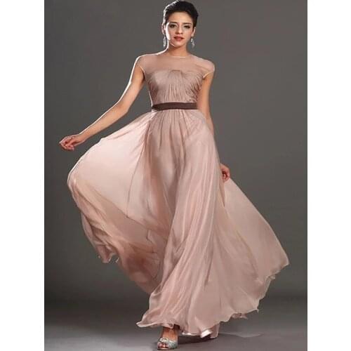 Elegant Evening Dresses A-line Cap Sleeves Chiffon Sash Long Dubai Saudi Arabic Evening Gown Prom Dresses
