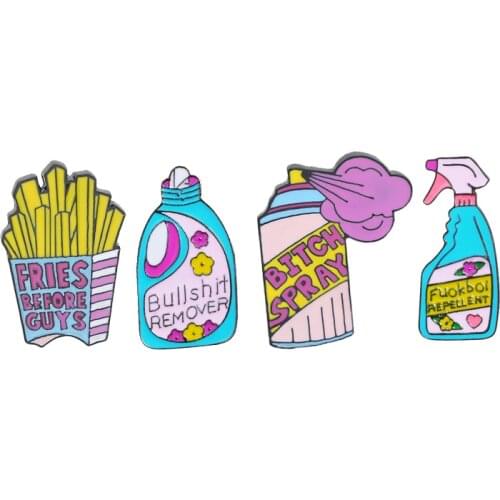 Feminist Pins Collection Funny Cute Repellent Remover Spray French Fries Brooches Enamel Lapel Pin Bag Badges Women Jewelry Gift