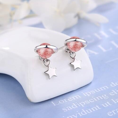 Girls' Lovely Minimal Planet Stud Earrings Pink Strawberry Crystal Beads Tiny Pentagram Star Pendant Cute Piercing Earring Gifts