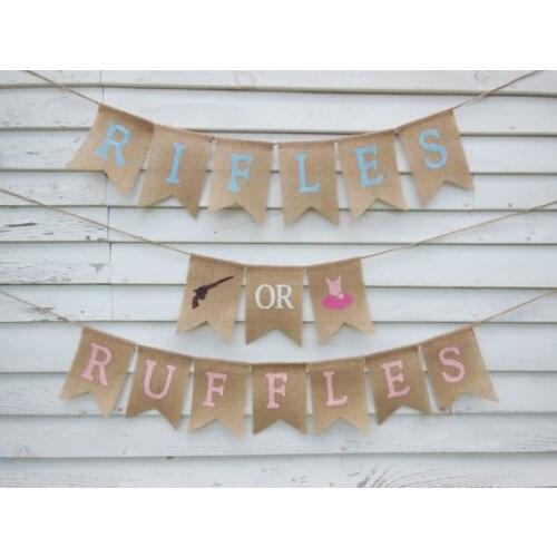 CUSTOMIZED Rifles or Ruffles Gender Reveal burlap Banners birthday baby shower nursery room party Buntings garlands Photo Prop