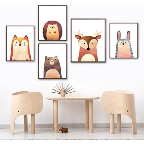 Kawaii Fox Hedgehog Bear Deer Bunny Wall Art Canvas Painting Nordic Posters And Prints Wall Pictures Kids Room Nursery Decor