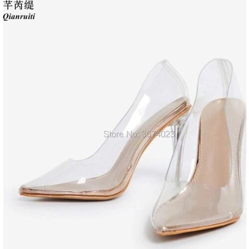 Qianruiti Fashion Women PVC Clear Pumps Pointed Toe Transparent Court Heels Slip on Jelly Shoes Perspex Crystal Stilettos Party