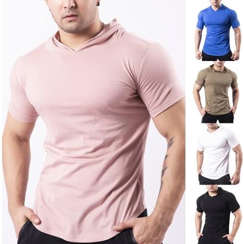 Mens Fashion Summer Short Sleeve Hoodie T-Shirts Sweatshirt Tops Gym Sports Slim Fitness Hooded Sportswear Tees SAL99