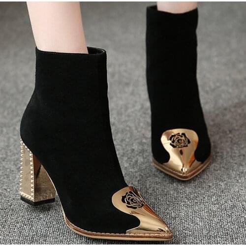 New Short Boots Womens Metal Pointed High Heels Pumps Autumn Winter New Sexy Nude Boots Thick Heel Black Martin Boots