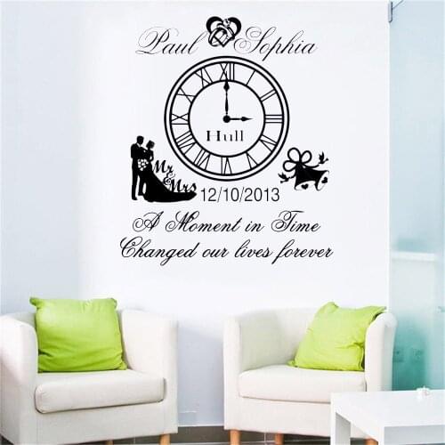 New Design Personalised Name And Date Wedding Wall Clock Bell Decoration Wedding Congratulation Wall Sticker Vinyl Sticker ov277
