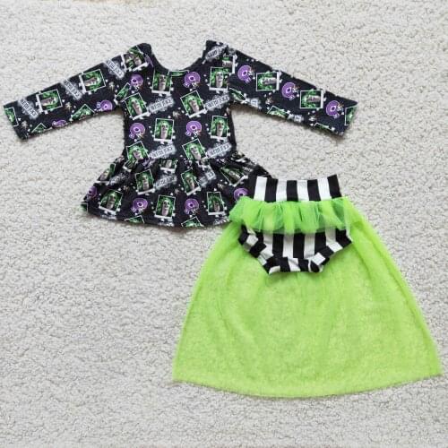 Fall/Autumn Baby Girls Set Infant Two Pieces Outfits Halloween Style Print Top Green Yarn Ruffled Bummies