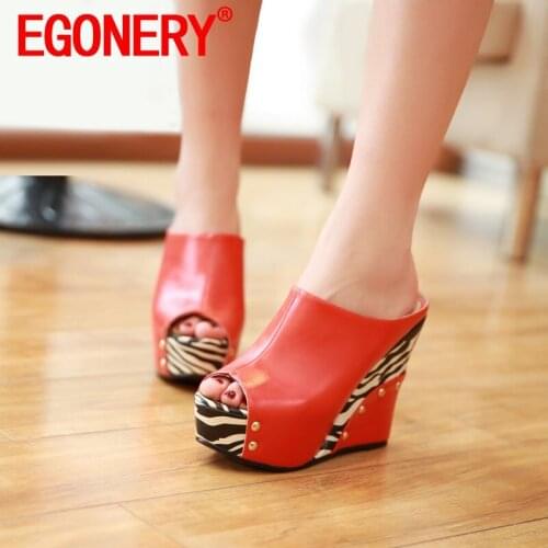 EGONERY summer New Style Women Sandals Slipper Concise Comfortable Slope Heel Peep Toe Mature mixed color Fashion Multicolor