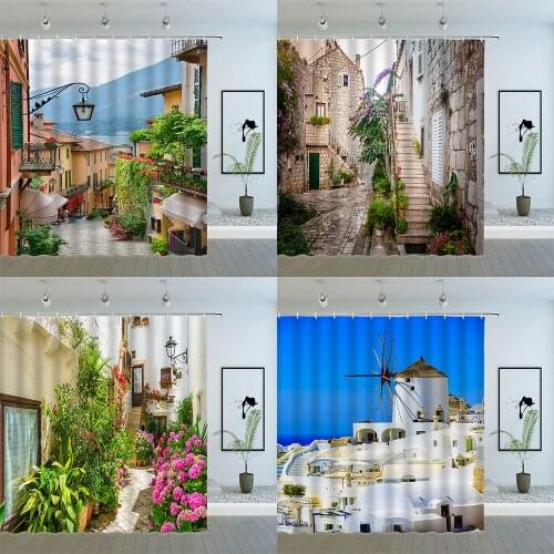 Mediterranean Architecture Landscape Shower Curtains European Street Flower Scenery Bathroom Waterproof Cloth Curtain Set Cheap