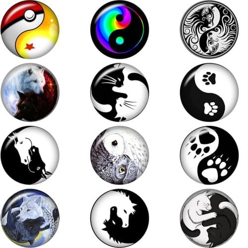50PCS Mixed Glass Snap Button JewelryAnimal Yin Yang Tree Horse Cat Wolf For DIY 18MM Button Snap Bracelet Necklace Jewelry