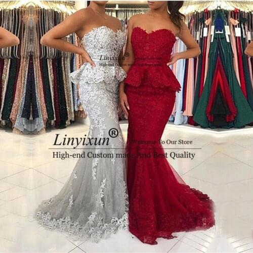 Sexy Strapless Plus Size vestidos de fiesta Sleeveless Formal Evening Dresses Tulle Appliques Lace Mermaid Prom Party Gonws