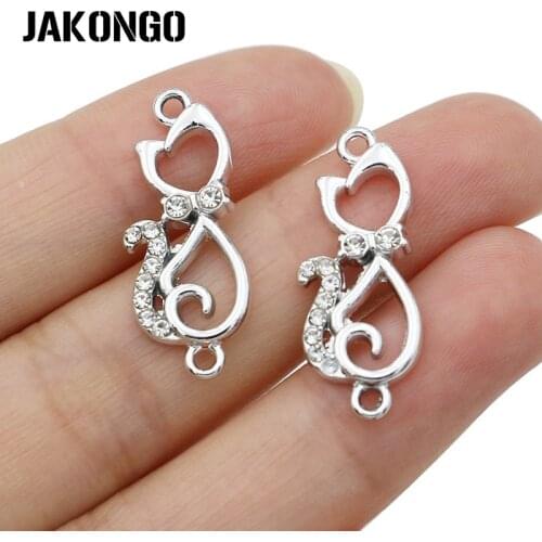JAKONGO Silver Color Crystal Cat Charm Connector for Jewelry Making Bracelet Accessories Findings DIY 27x12mm 5pcs/lot