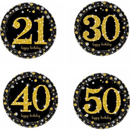 8pcs Gold Black Birthday theme Party 7/9inch paper plate 18/21/30/40/50/60th Birthday Anniversary decor kids favor cake dish