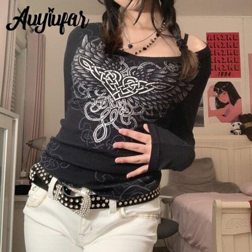 Auyiufar Fairy Grunge Y2K Vintage Elfcore T Shirts Wing Heart Print Long Sleeve Fall Spring Tops Ribbed Bodycon Renaissance Tee