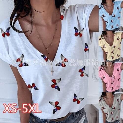 XS-5XL Oversized Short Sleeve V-Neck Women Butterfly Printed T Shirt Casual Loose Tops Summer Tee Shirt For Women Clothes