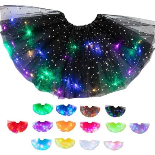 Girls LED Glitter Star Sequins Ballet Dance Tulle Tutu Skirt Flashing Light Up Stage Dance Wear Skirts for Adults Kids